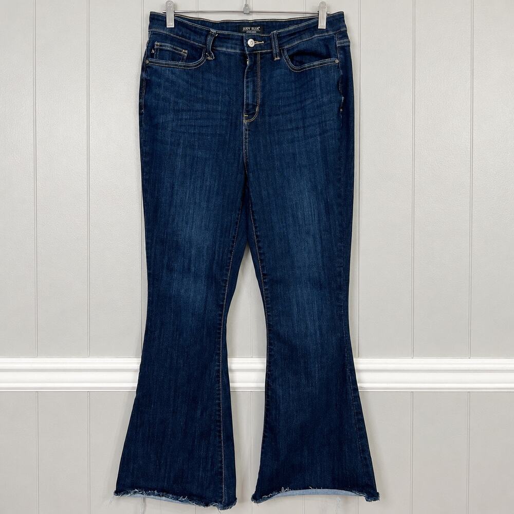 Judy Blue Jeans Womens 13/31 Dark Wash High Rise Flare Raw Hem Stretch
